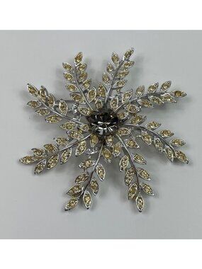 Sarah Coventry Silver-Tone Snowflake Brooch With Yellow Rhinestones 3 Inches